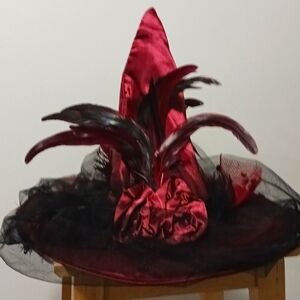 Halloween Burgundy Witch Hat with real feathers 🪶 and veil